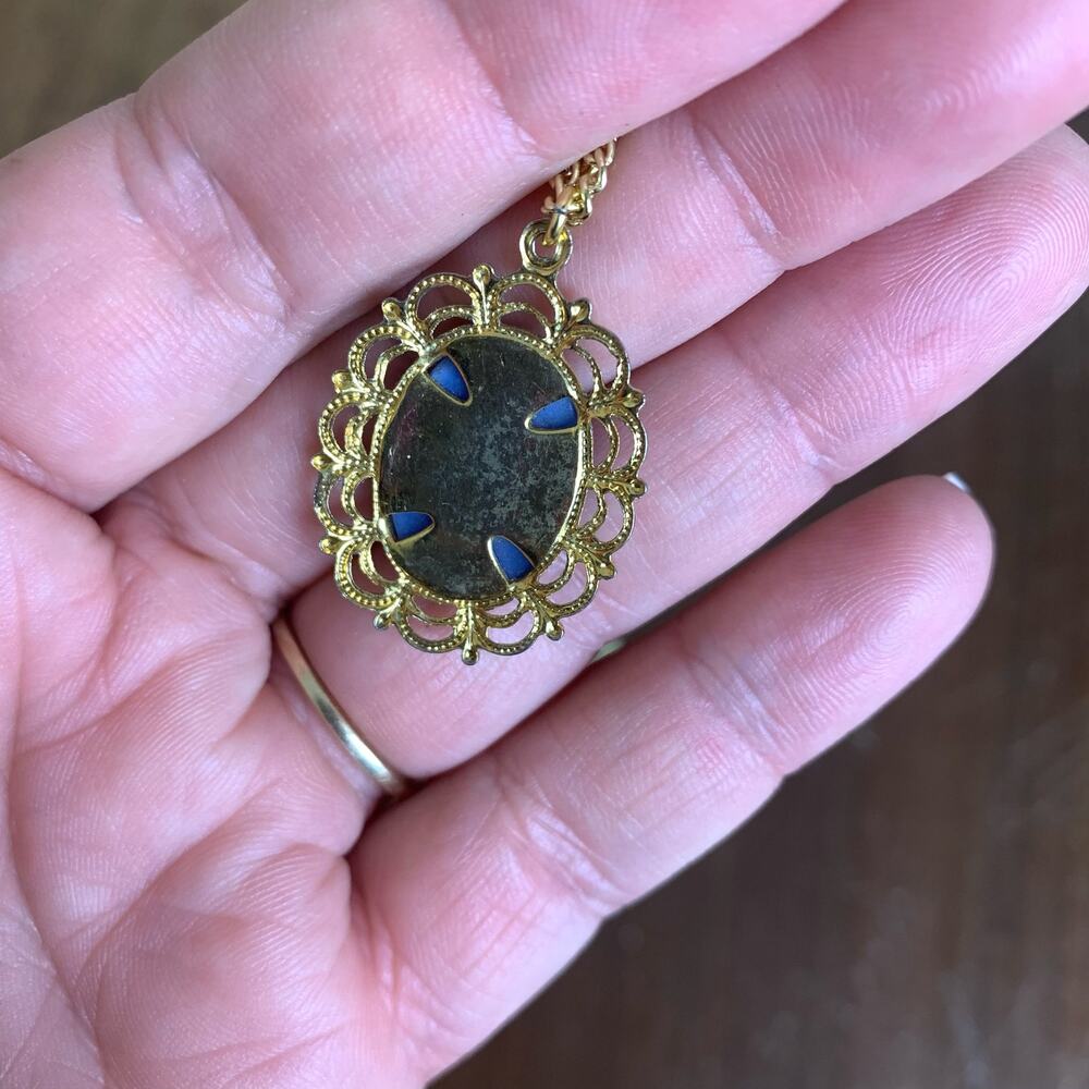 Vintage Germany Genuine Blue star glass cabochon gold filigree‎ pendant necklace - Picture 4 of 8